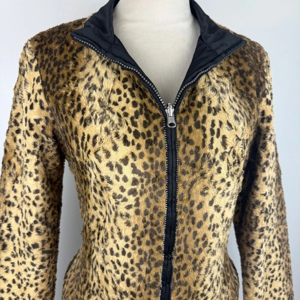 Y2K Leopard Print Faux Fur Rhinestone Zip Up Jacket Mock Neck Brown Black Small